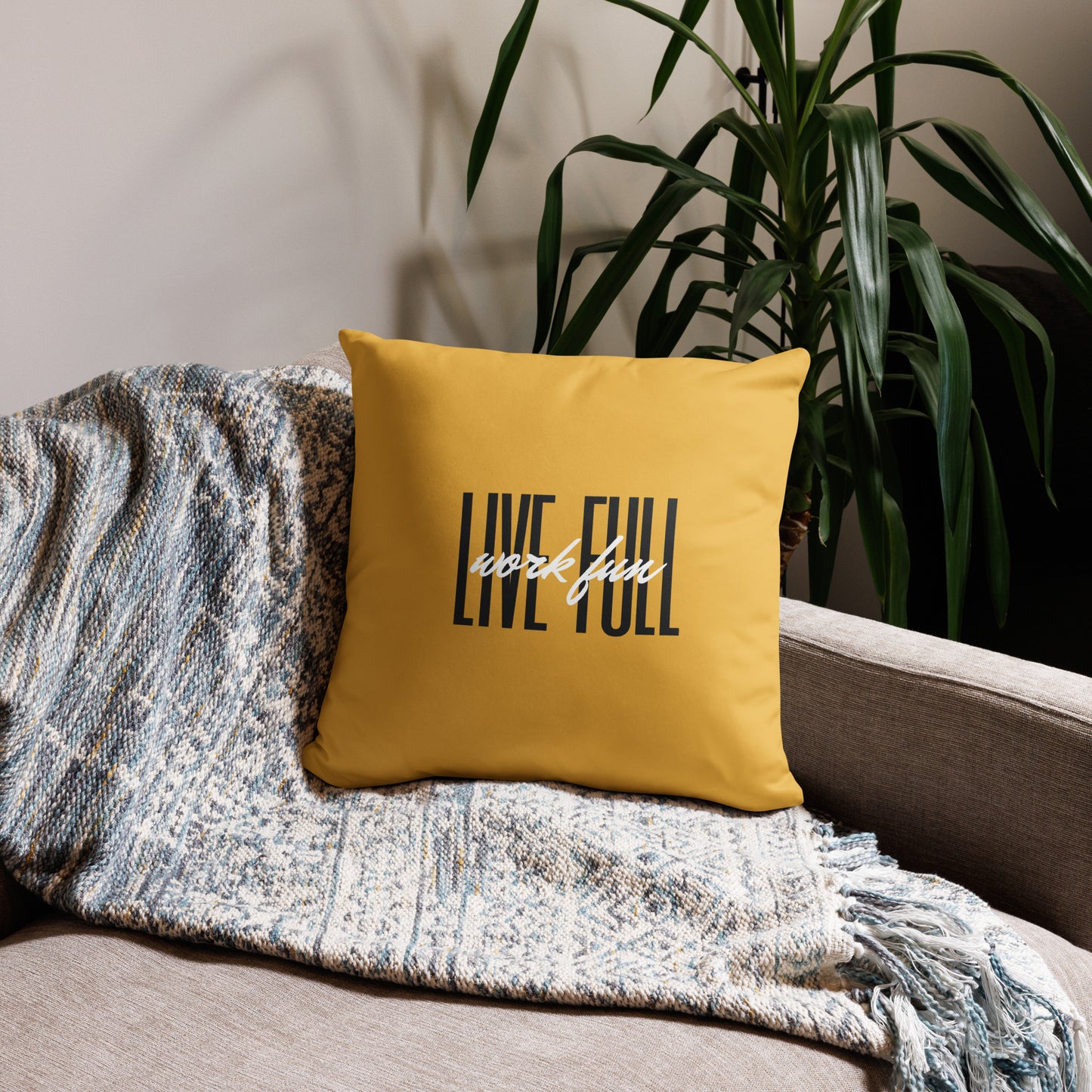 Live Full Work Fun Yellow Logo Pillow